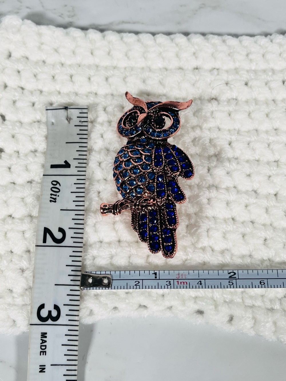 Blue Rhinestone Owl Brooch - Picture 3 of 4
